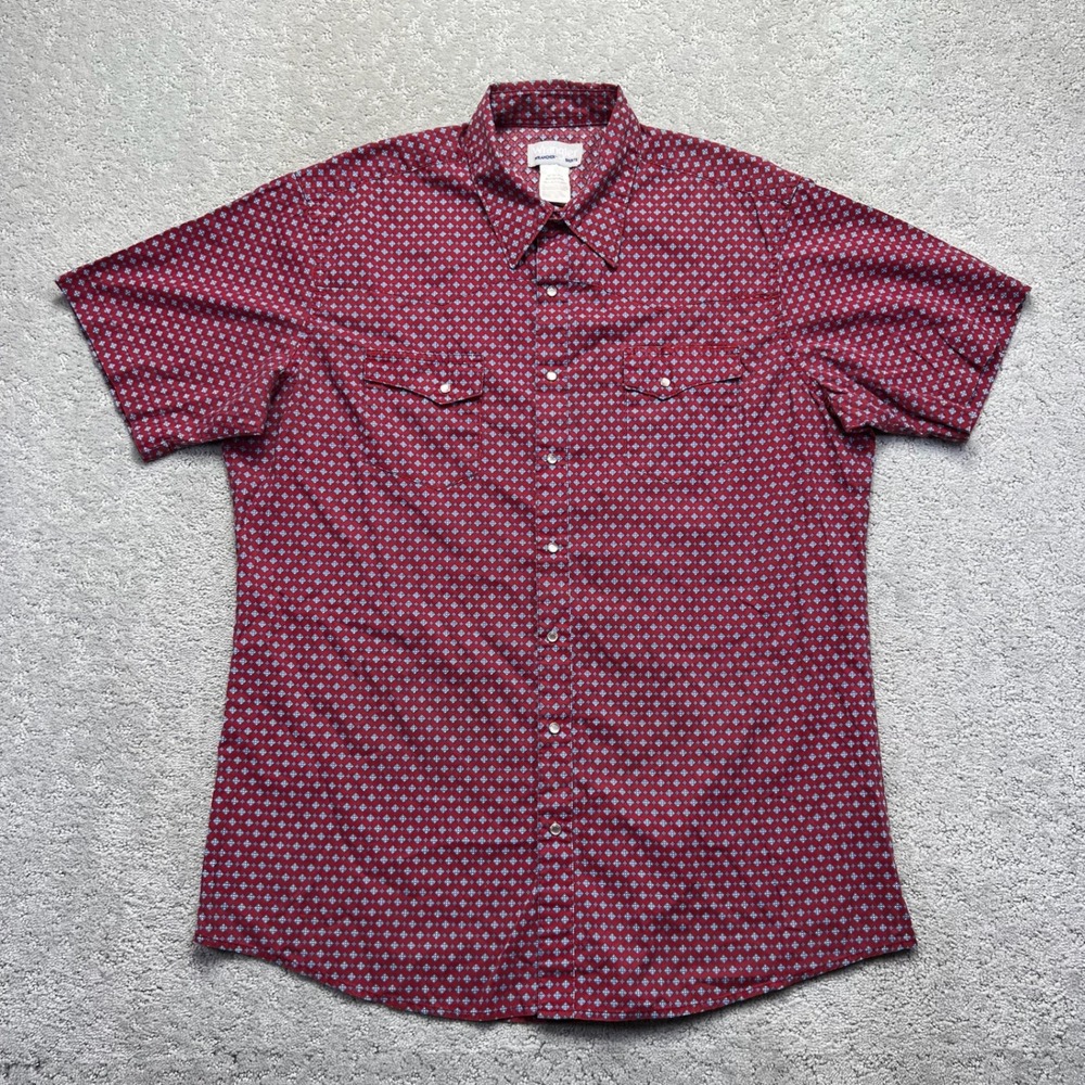 Wrangler Wrancher Shirt Men XL Tall Red Geometric Pearl Snap Short Sleeve Wester